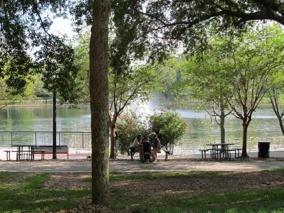 Picnic table by the water.