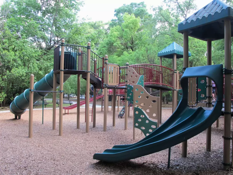 The playground, with the forest behind.