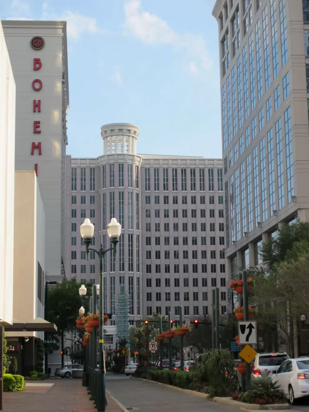 Looking down Orange Ave toward Grand Bohemian Hotel and the CNL Financial building.
