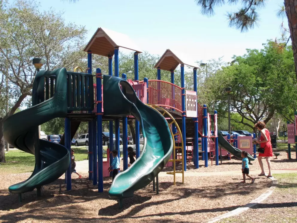 Play structure with tall slides.