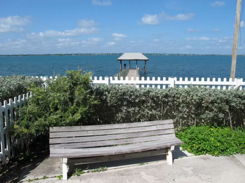 Bench, and fishing pier in distance.