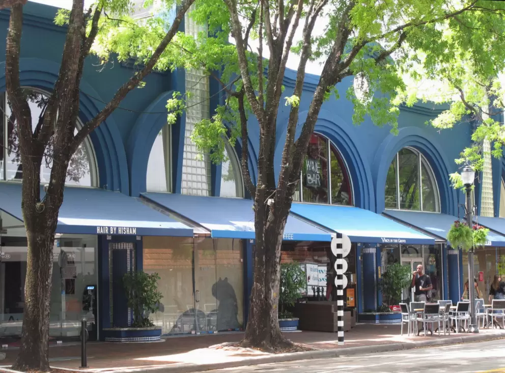 Blue buildings and tall trees on Main Hwy.