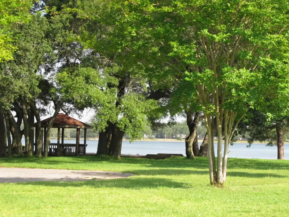 Grassy spot on the water in front of family housing at the base.