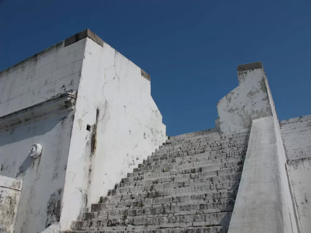 Looking up the stairs of the Spanish fort.