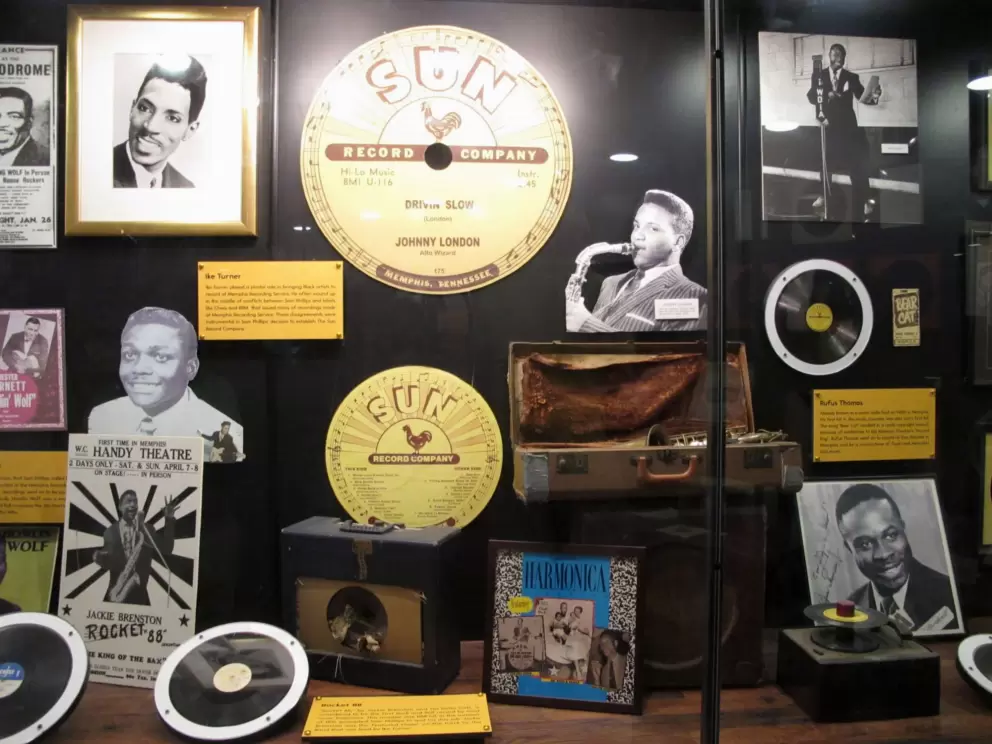 Exhibit about Sun Studio artists like Ike Turner and Rufus Thomas.