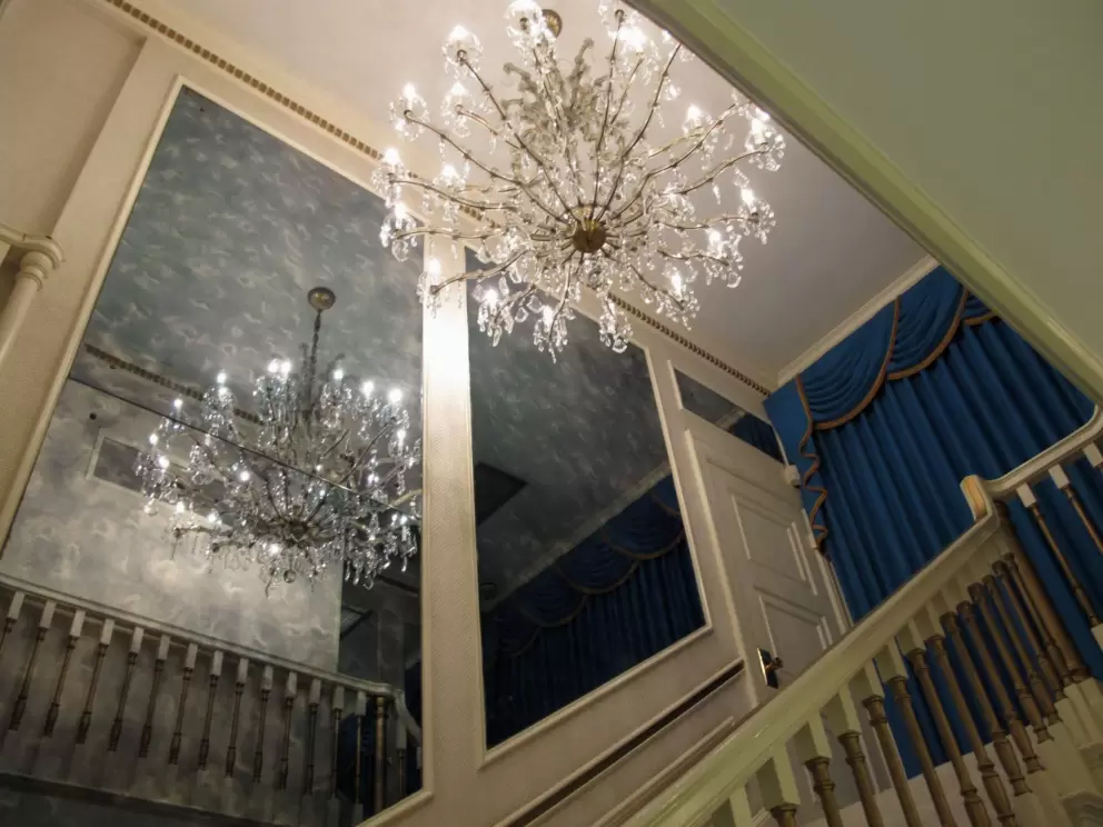 Chandelier over the staircase.