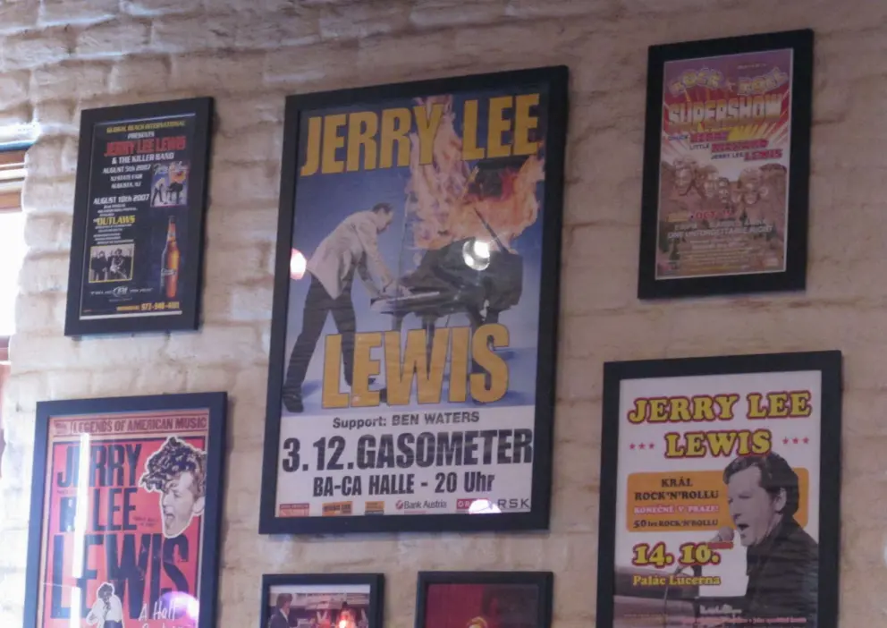Poster of Jerry Lee Lewis' fire on the piano trick, in the Jerry Lee Lewis Honky Tonk Cafe.