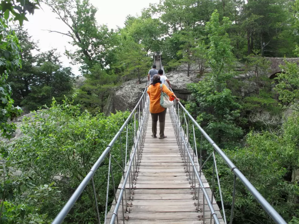 Visitors make their way across the swinging bridge.