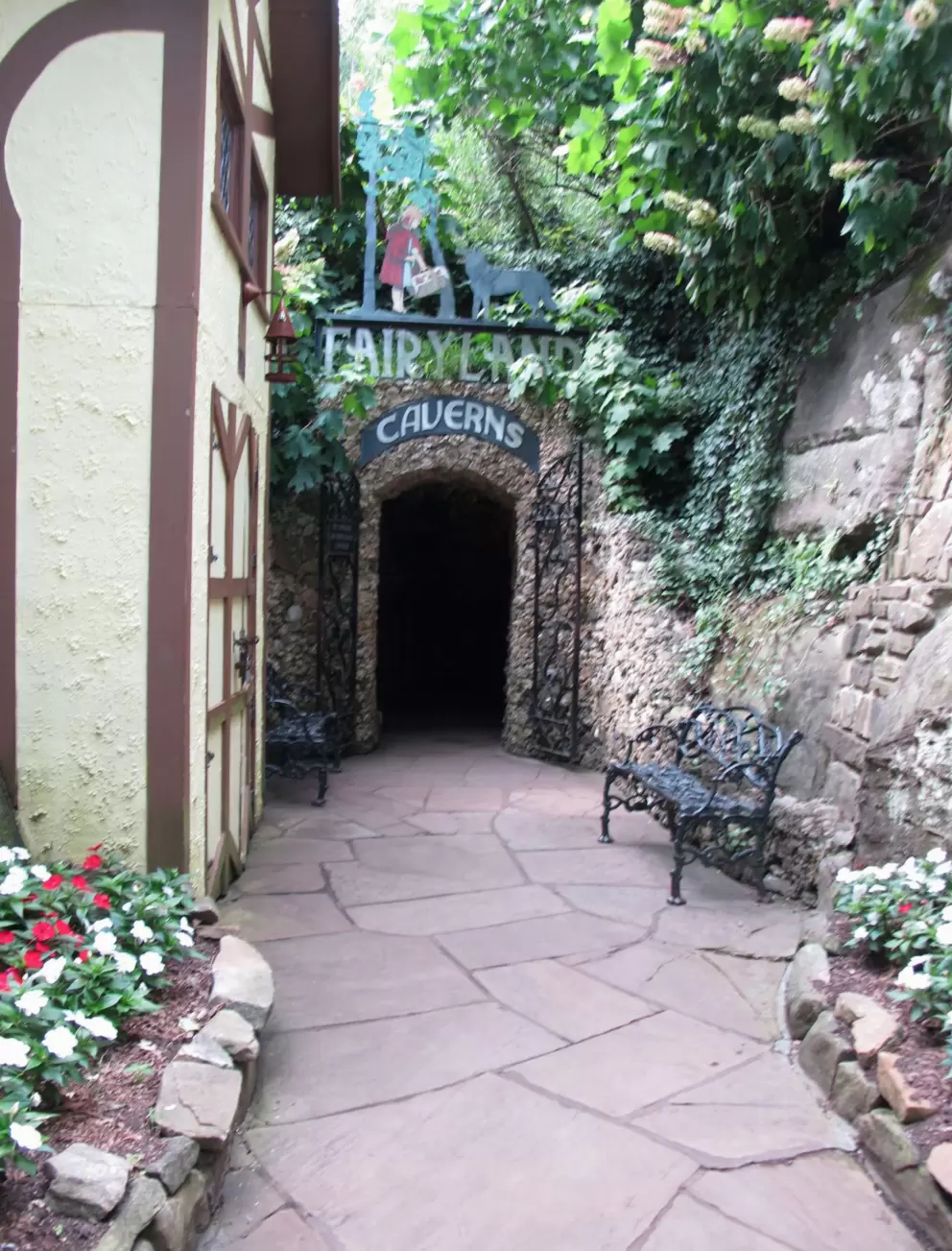 Entrance to Fairyland Caverns where lit-up fairytale scenes are displayed. 