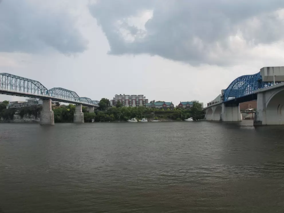 View of both bridges and the river bluffs, from Coolidge Park.