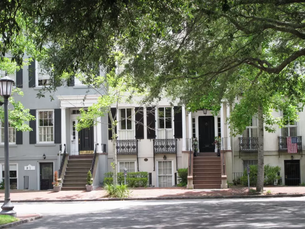 Townhouses in Savannah at Monterey Square.