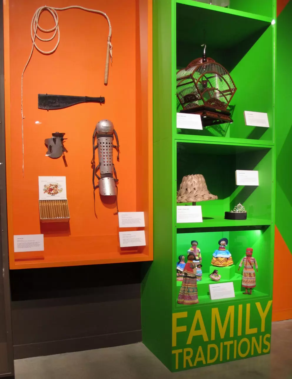Seminole Indian dolls, Palmetto frond arts, and tools used in cattle ranching and sugarcane harvesting.