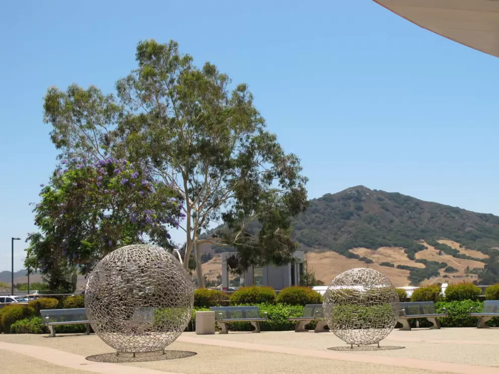 Sculptures outside the Performing Arts Center, and Madonna Mountain.