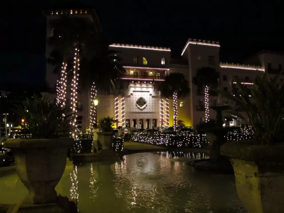 Casa Monica, as seen from fountain in front of the Lightner Museum, at Christmas time.