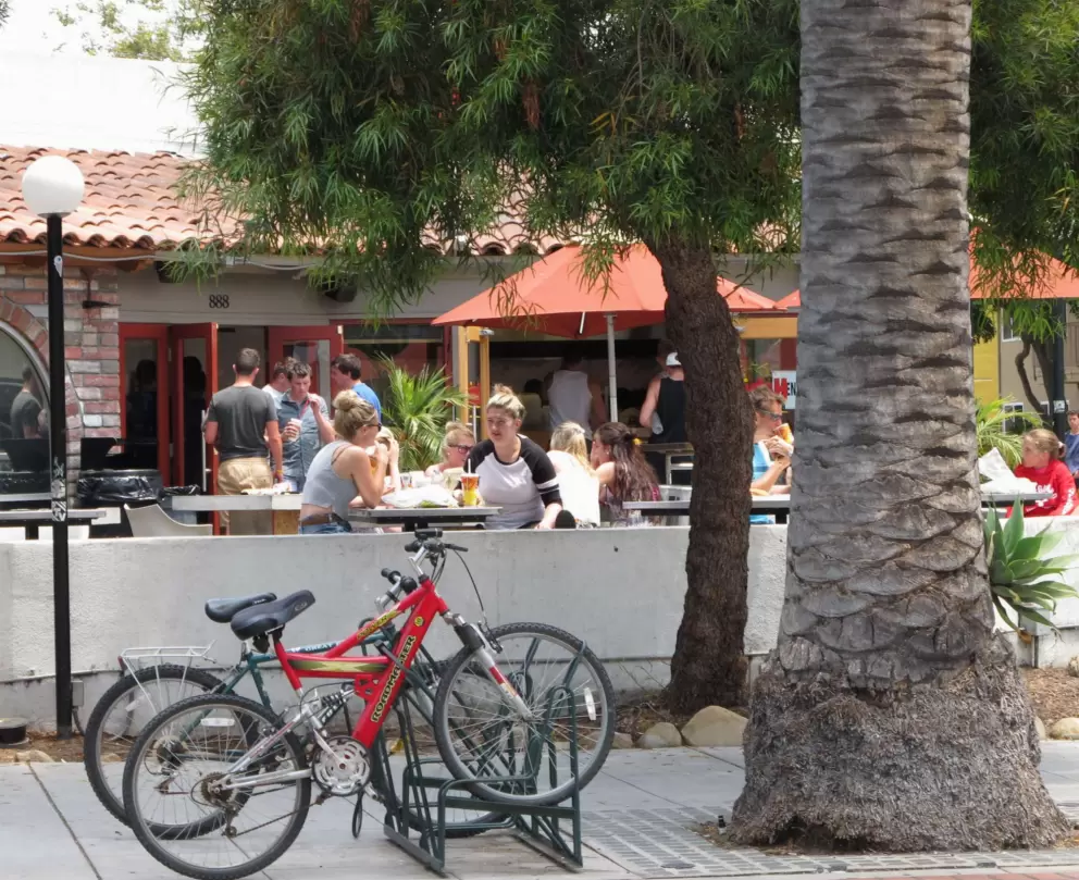 Bicycles parked outside The Habit Burger.
