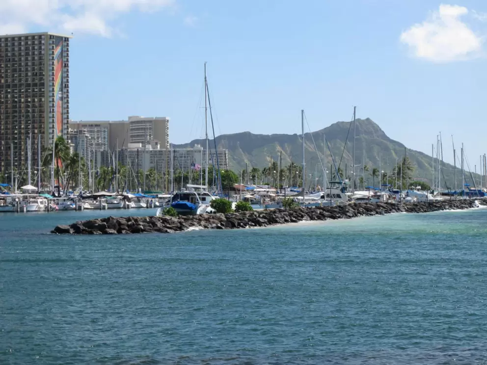 Patch of pretty-colored water, and Diamond Head.
