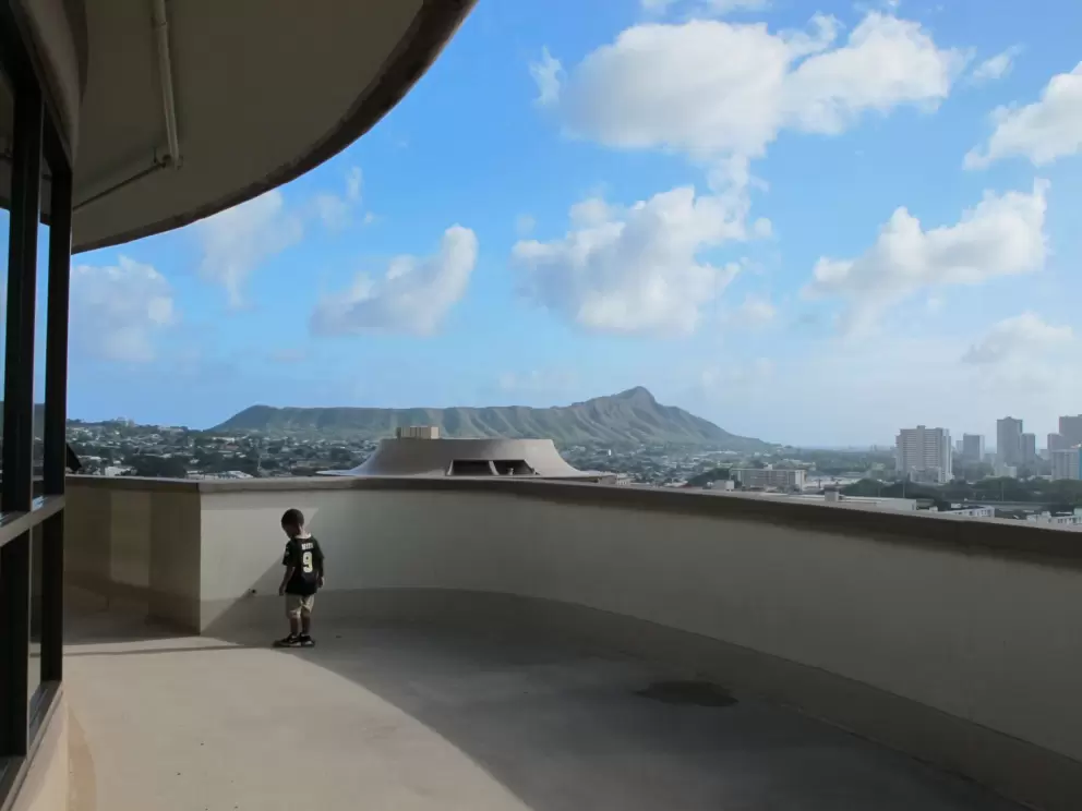 View of Diamond Head from the top of the round dorms.