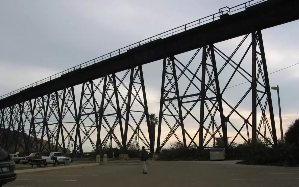 The railroad bridge that passes over Gaviota Beach- here seen from the beach parking lot.