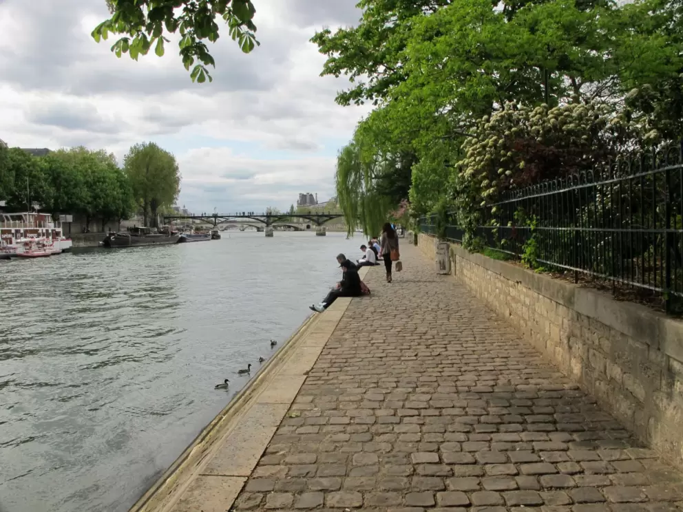Golden cobblestones and Pont des Arts in the distance.