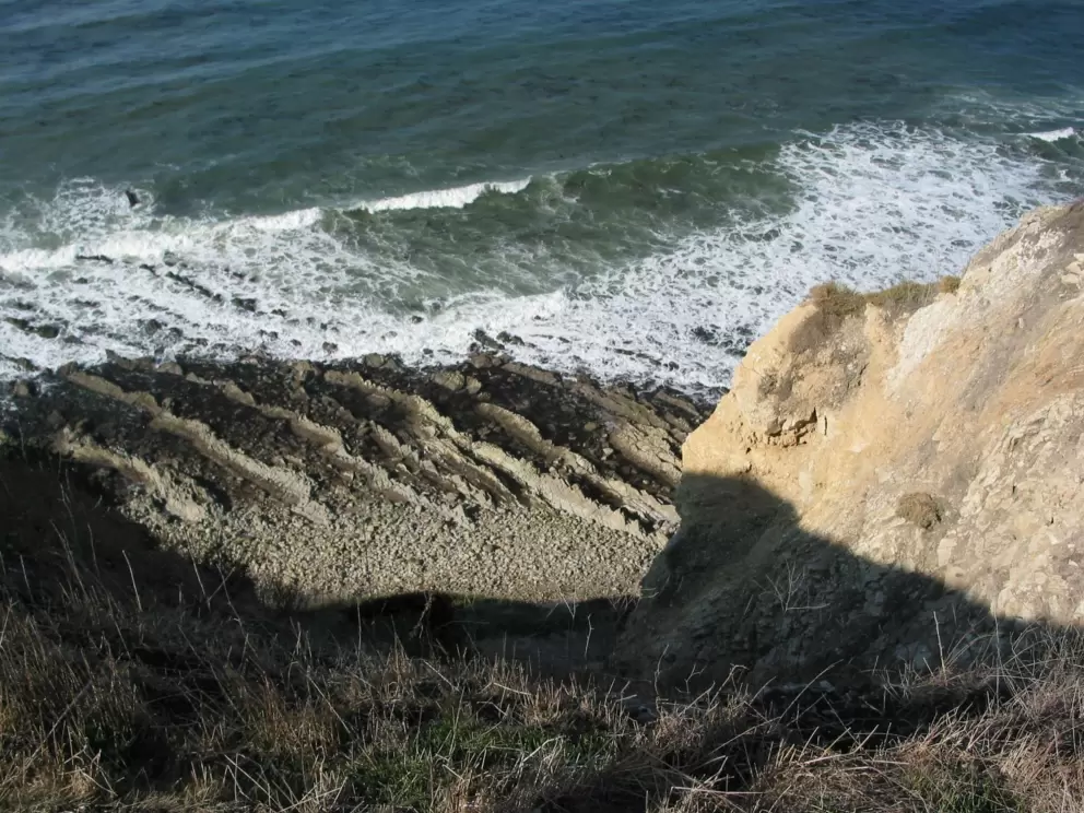 The grey rocky beach and mustard-yellow cliffs.