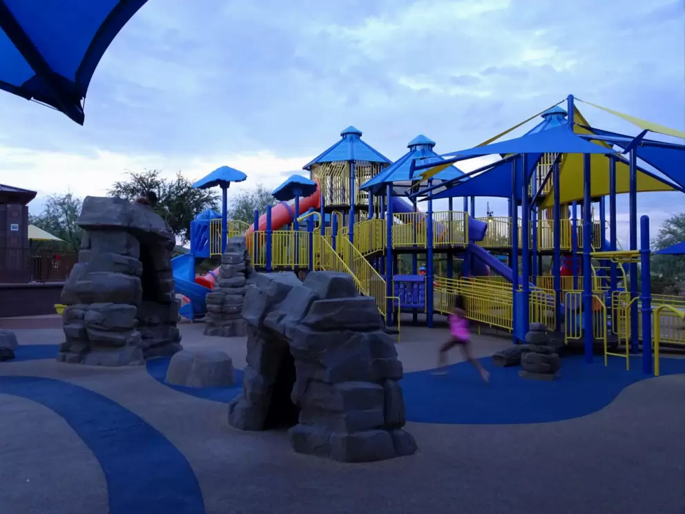 Rock-climbing area of the playground, at night.