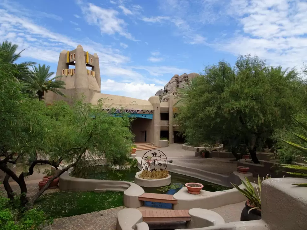 Landscaping and koi pond, downstairs, by the bakery.