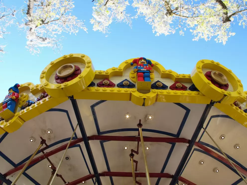 Looking up at the two-storey carousel.