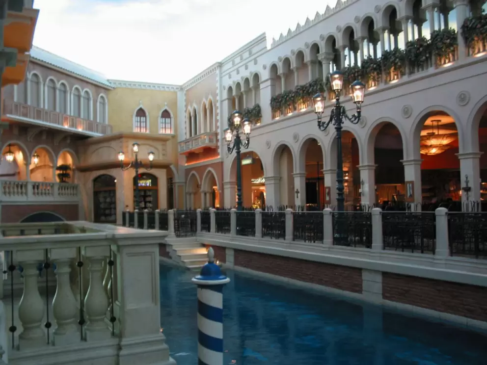 A restaurant alongside the canal, indoors at the shopping area in the Venetian.