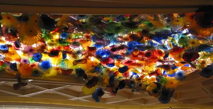 The gorgeous Chihuly ceiling in the check-in area at Bellagio Resort.