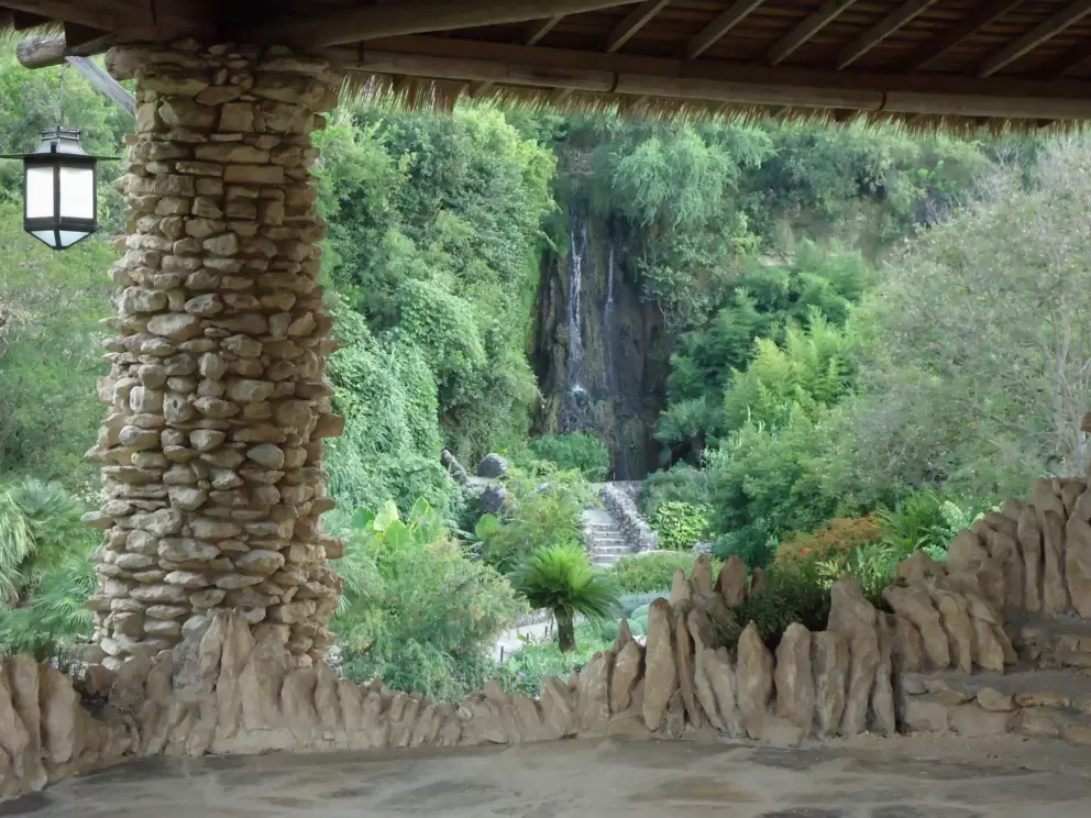 View of the waterfall from the pagoda. See the lovely lantern!