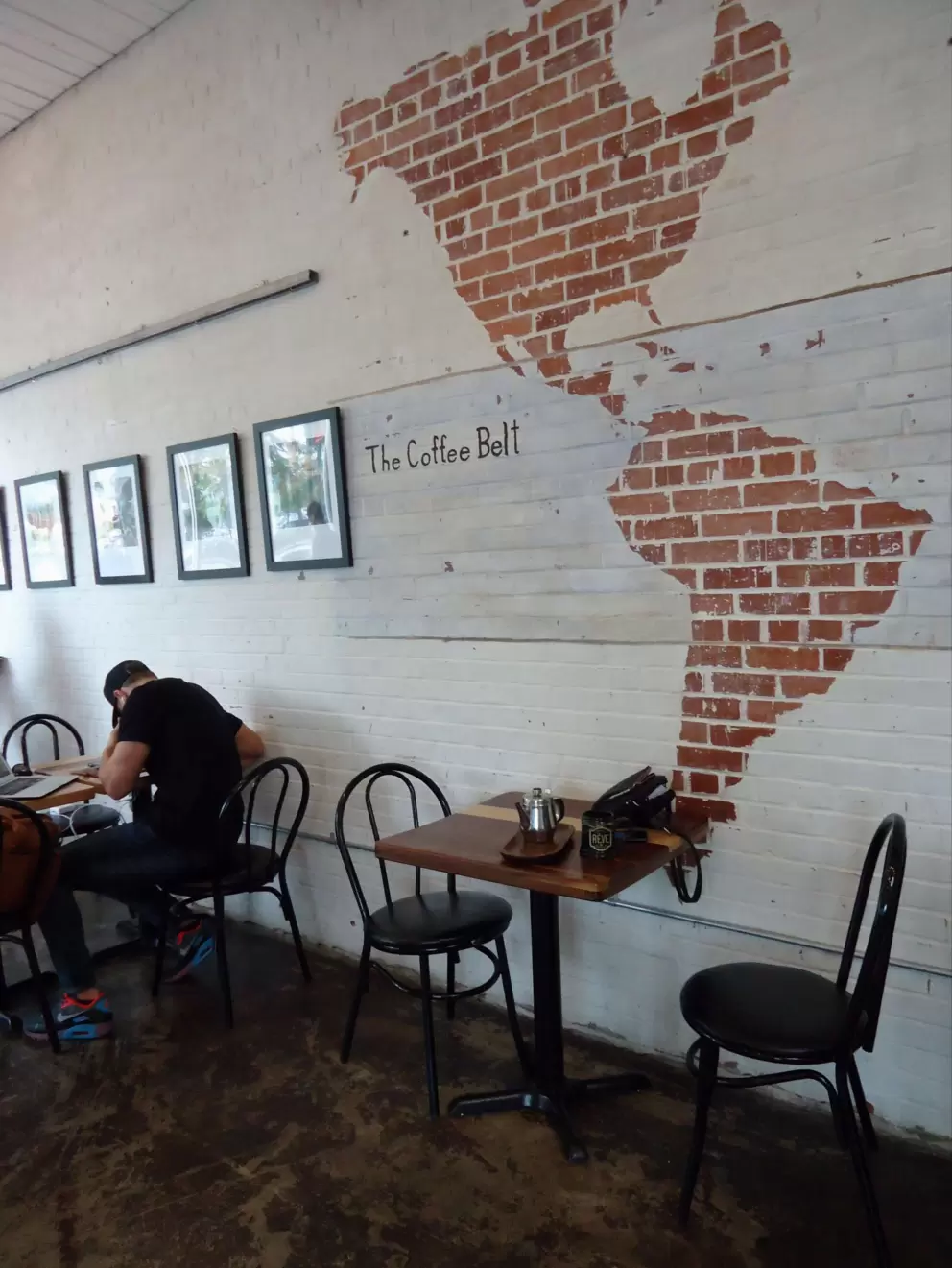 The Americas, in brick, at Reve Coffee Roasters. 