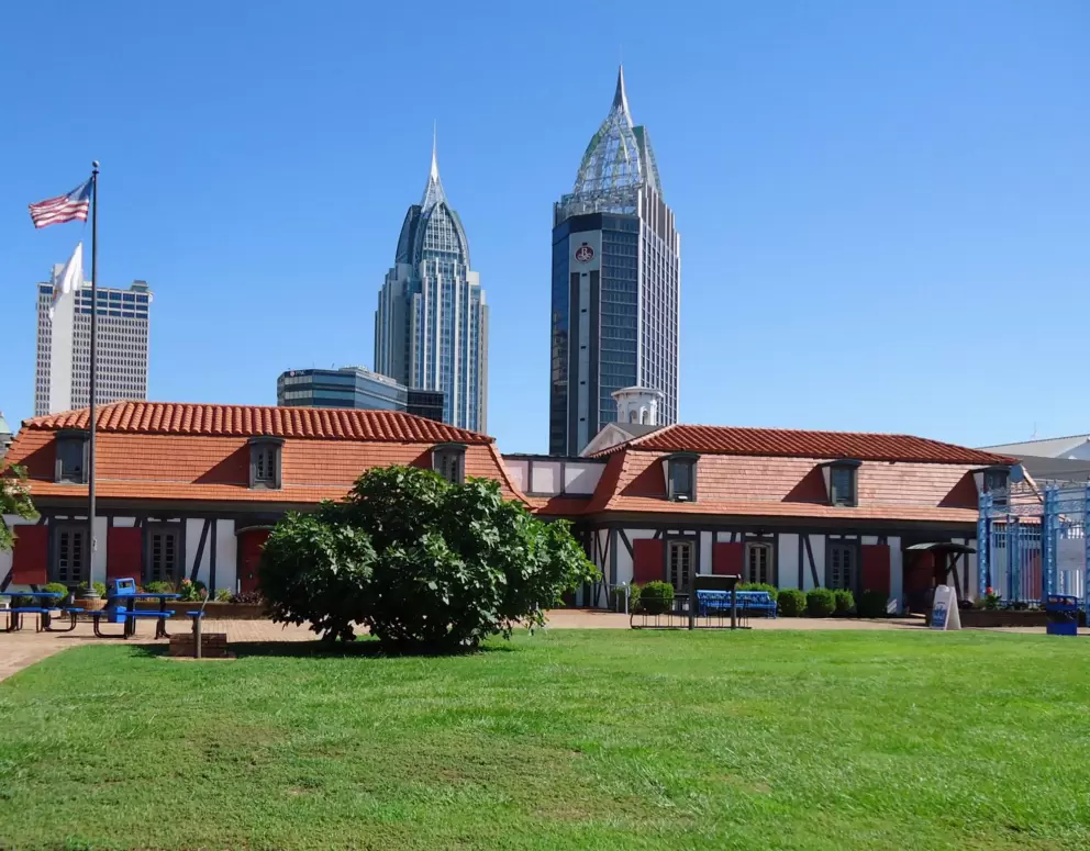 View of the tall buildings in Mobile, from the courtyard.