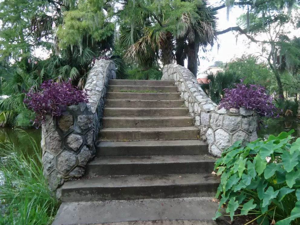 Purple plants on a stone bridge.