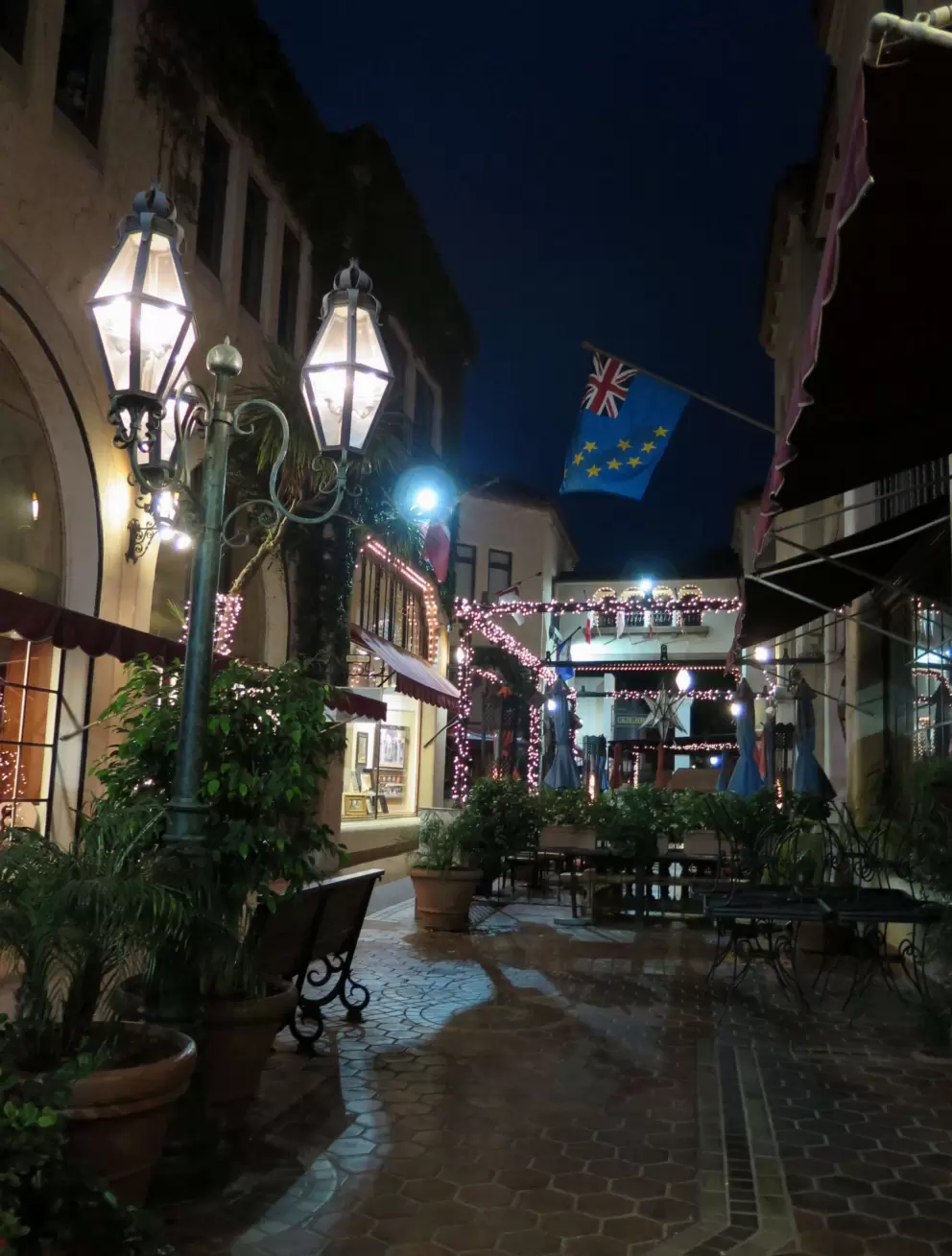 The amazing flags, lampposts, and decorations in La Arcada.