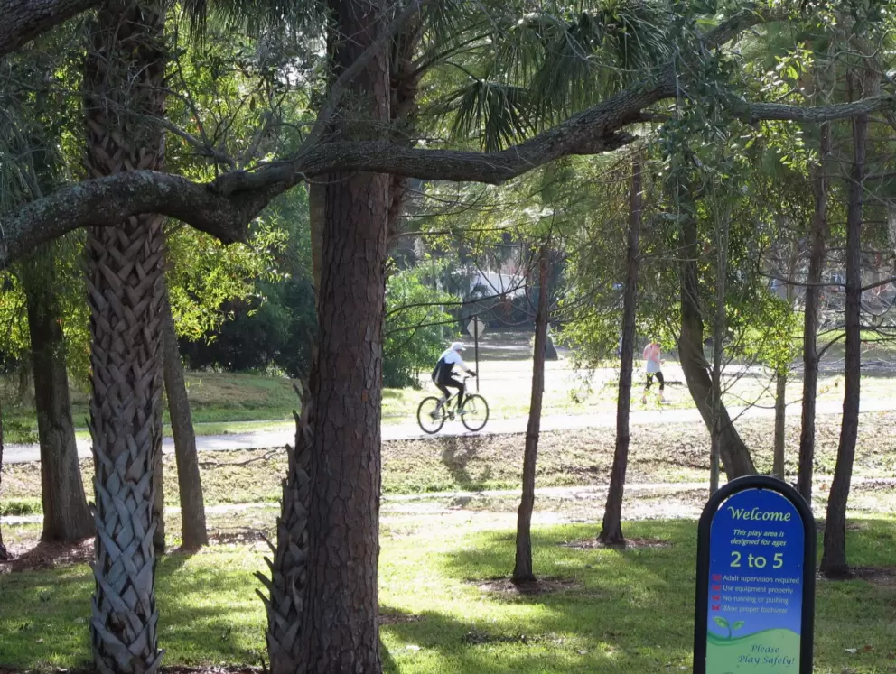 A cyclist in the pretty light on the bike path.