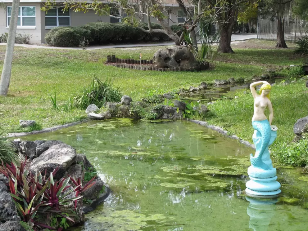 Mermaid sculpture and clear water.