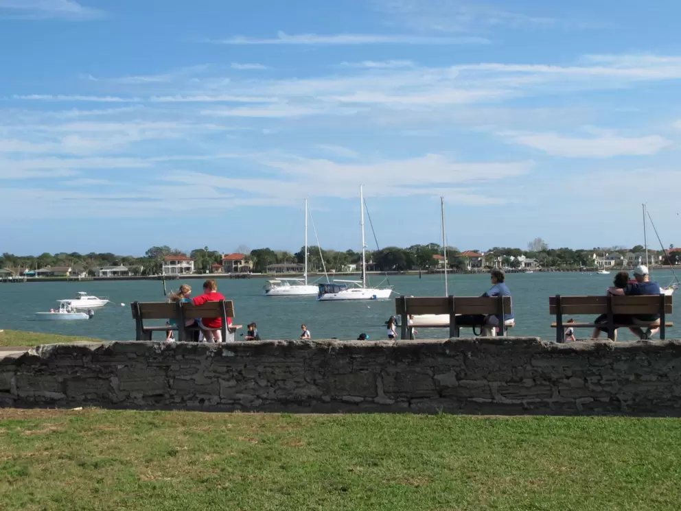 Sitting on benches and enjoying the view.