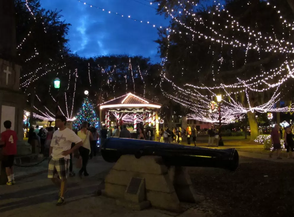 Cannon and Christmas lights at Plaza de la Constitucion.