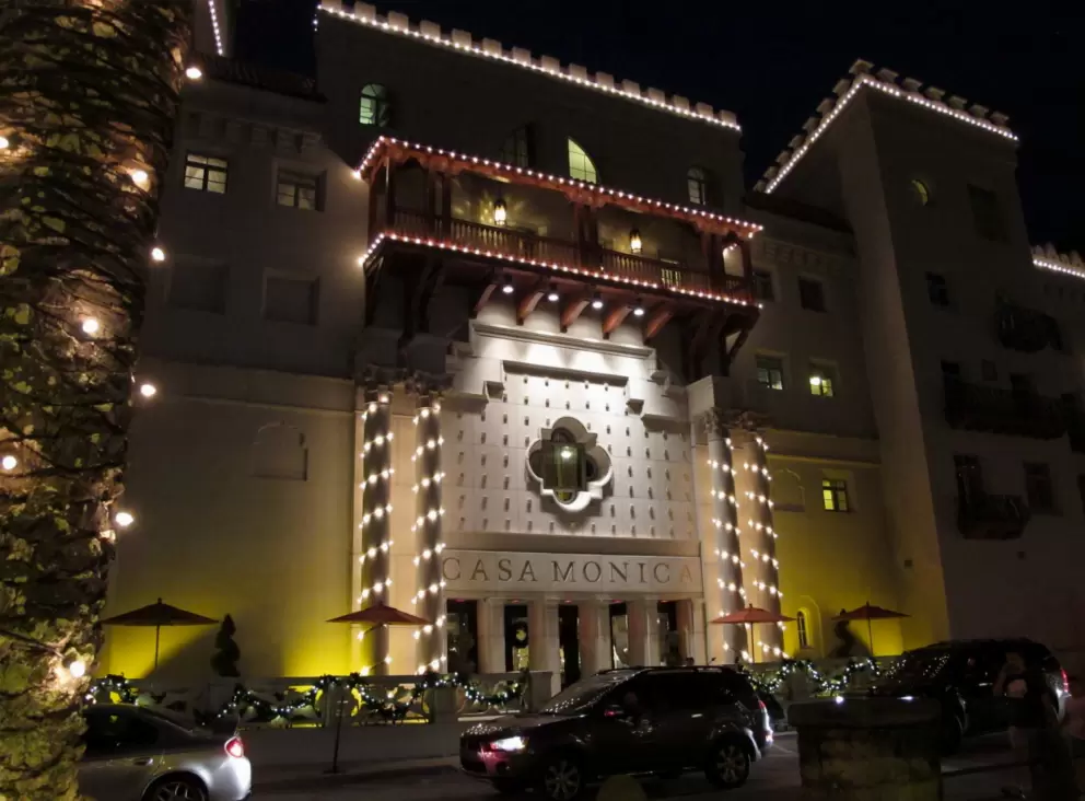 Casa Monica hotel lit up for Christmas.