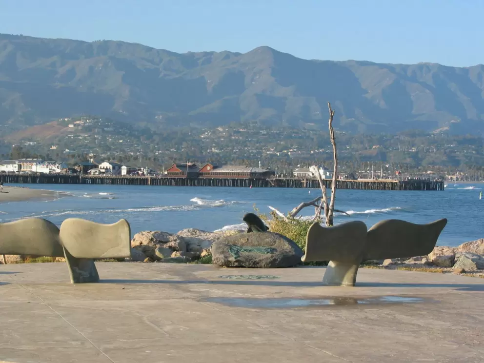Whale seats, and a little dolphin statue at the end of the breakwater!