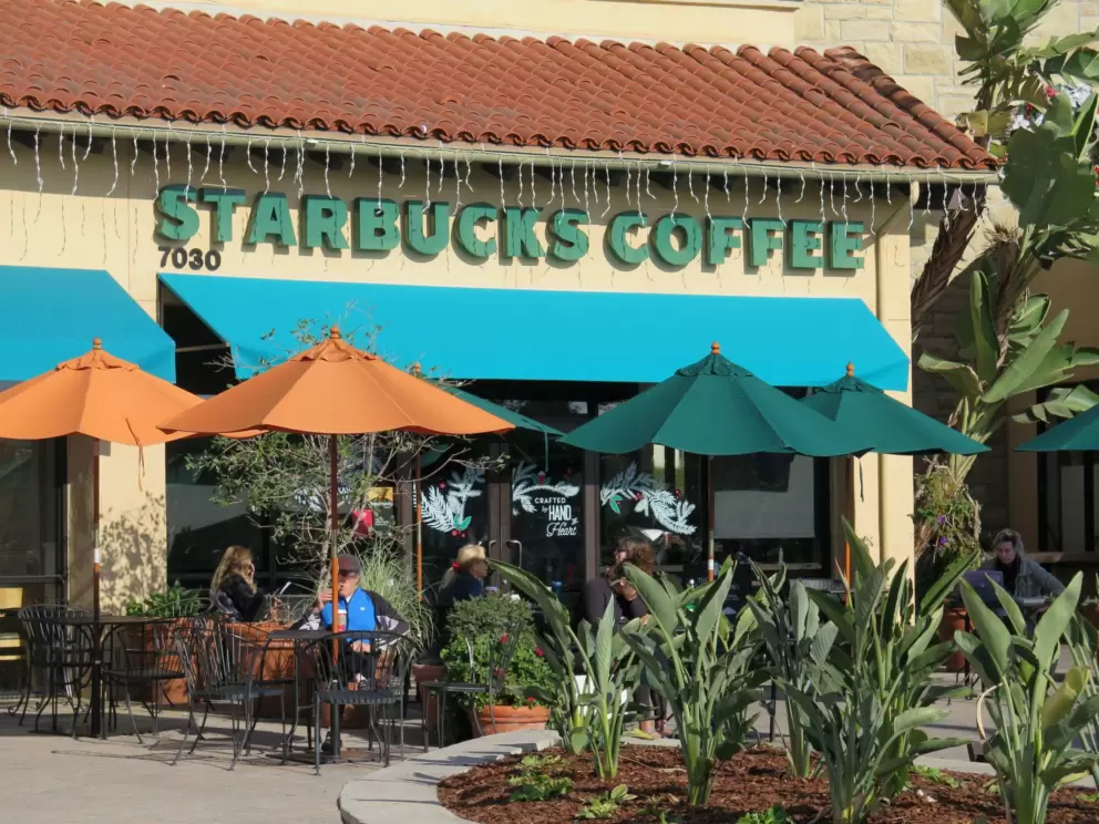 Colorful umbrellas outside Starbucks Coffee.