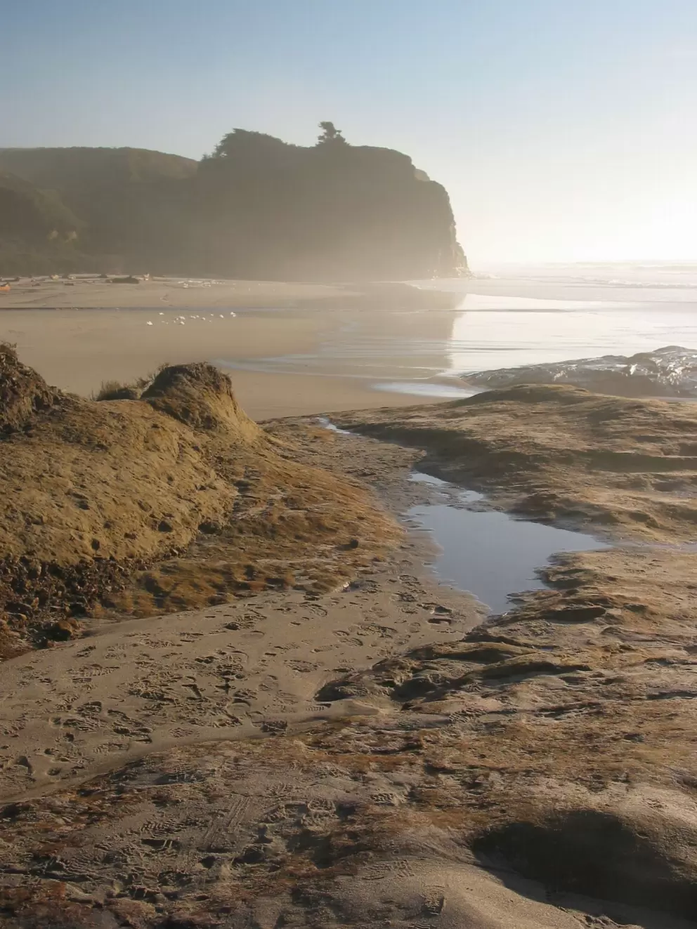 Puddles of sea-water left behind on the ledges above Pomponio Beach.