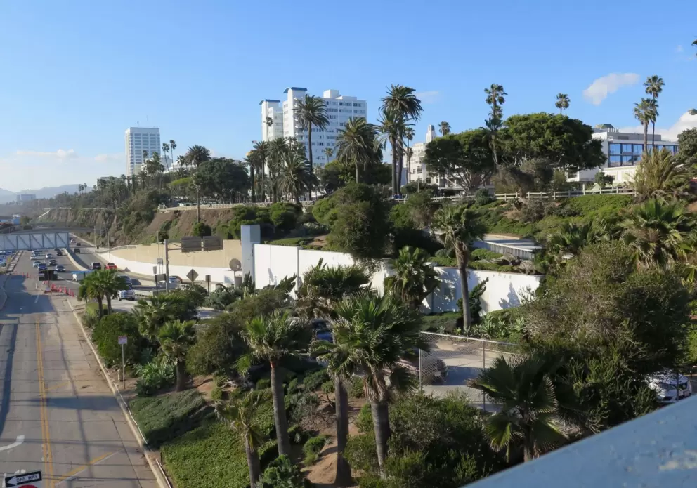 View as you walk a bridge over the highway to get to the pier.