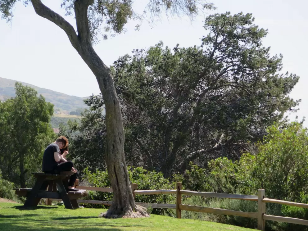 A couple sits on a picnic table.