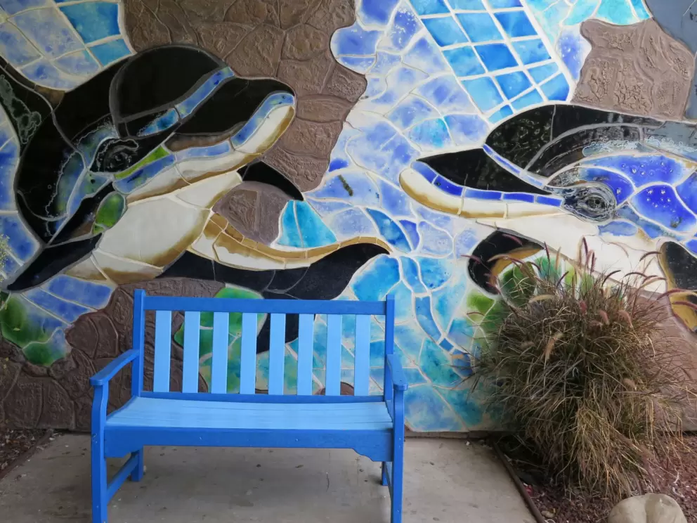 Mosaic wall and blue bench.