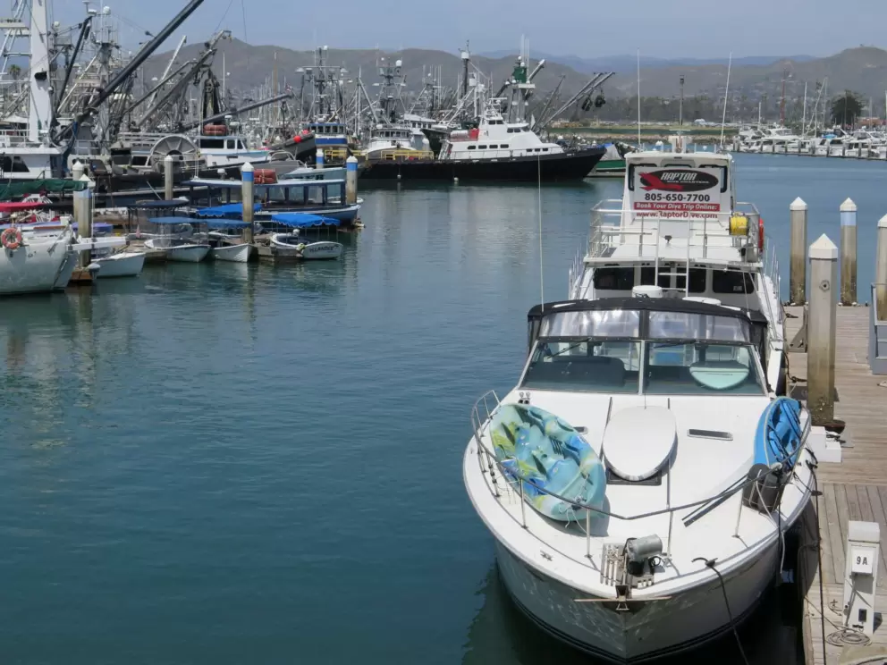The harbor with mountains behind.