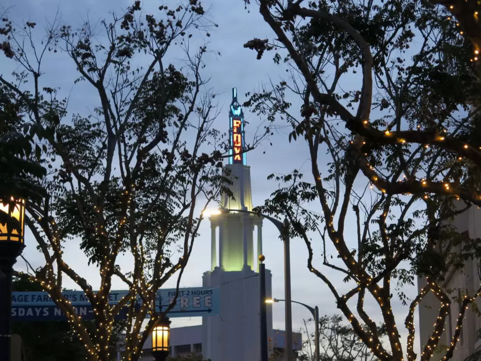 The Fox movie theater looks magical at night.
