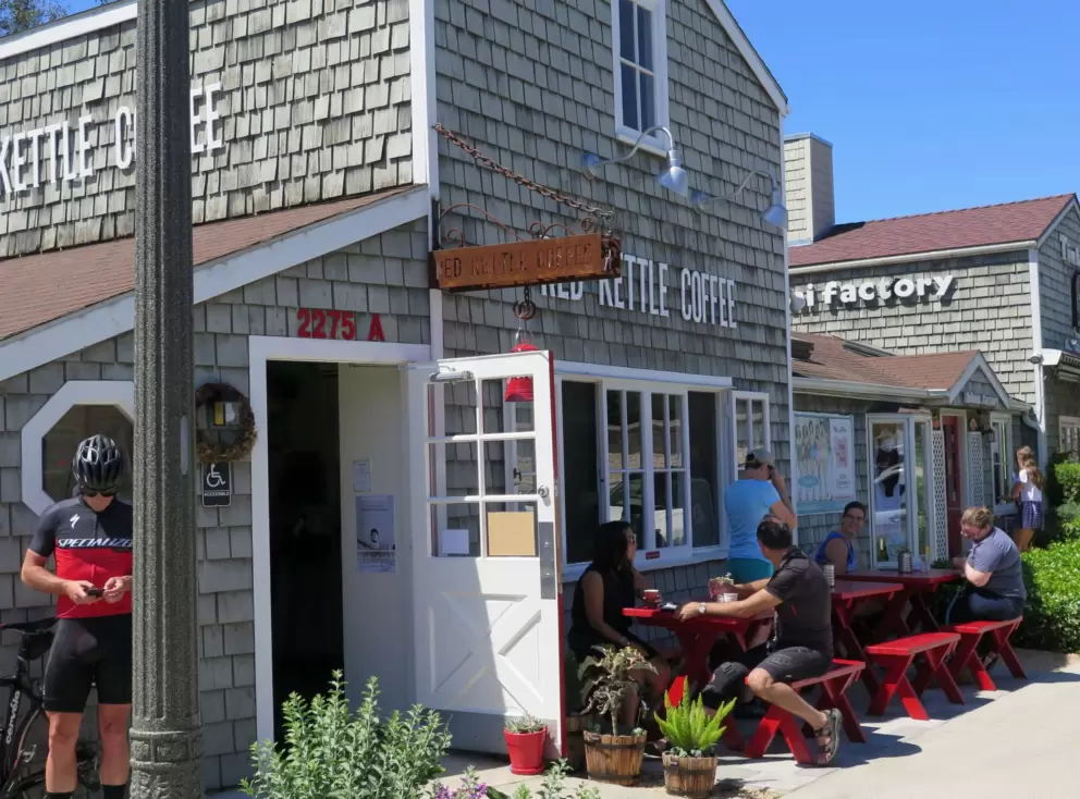 Sitting outside on a warm April day at Red Kettle Coffee.
