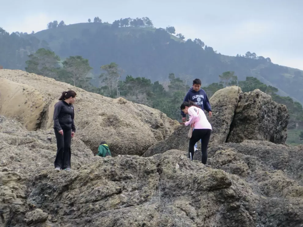 Climbing on the rocks near Hidden Beach, in Point Lobos State Reserve.