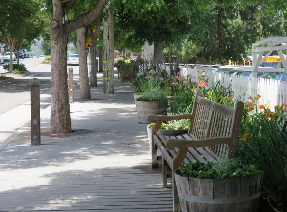 Benches along the wooden sidewalk.
